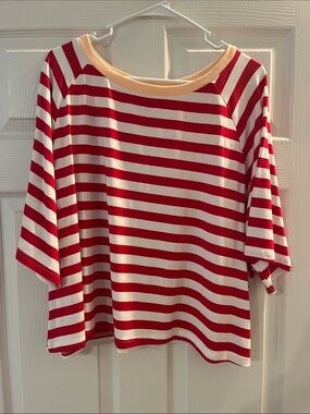 SHEIN Red and White Striped Boatneck Short Sleeve Top